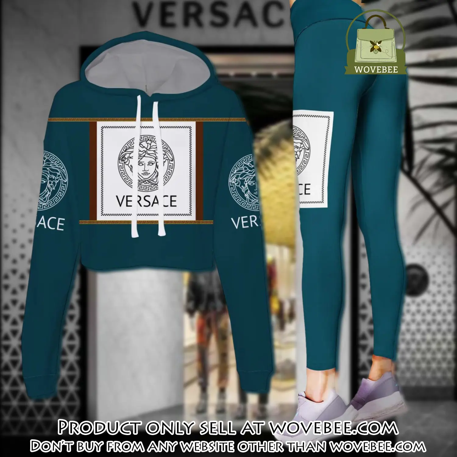 Versace teal color luxury brand clothes leggings and crop top set for women wvb5902680